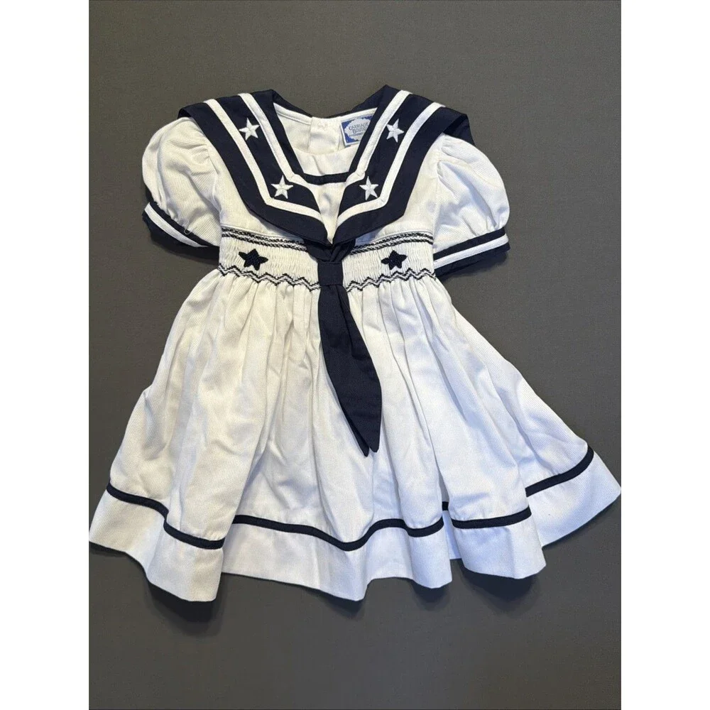 Vintage Friedknit Creations Smocked Nautical 12 Month Baby Girl Dress Stars